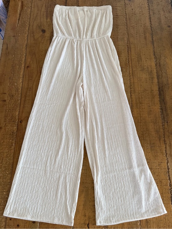 Active USA Pants - Active USA Crinkle-Knit Strapless Wide-Leg Jumpsuit in Ivory